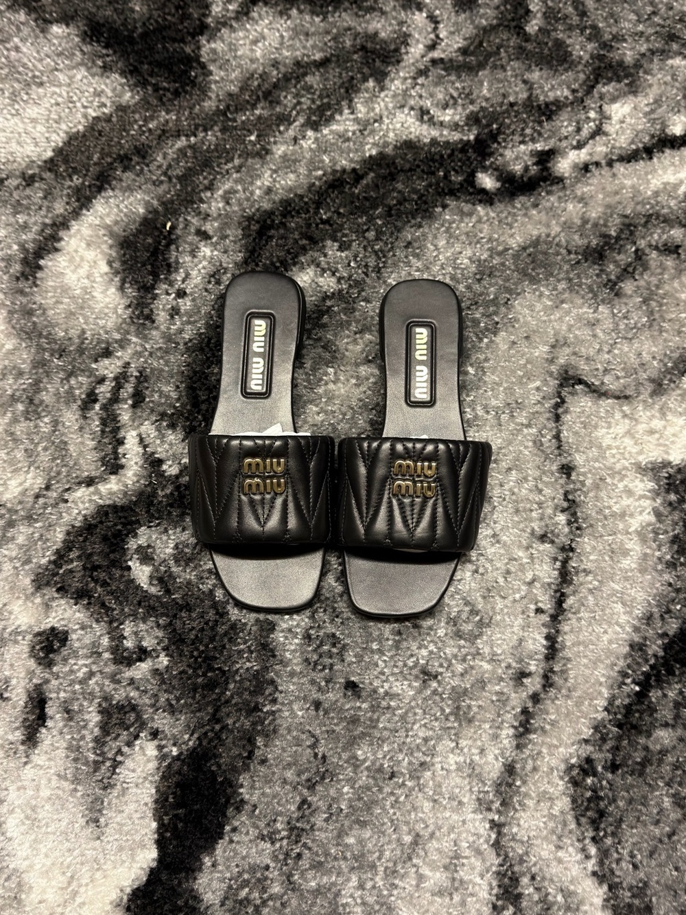 Miu Miu Matelassé Nappa Leather Slides Black and Gold Womens Size 7 or 8 - Picture 2 of 6